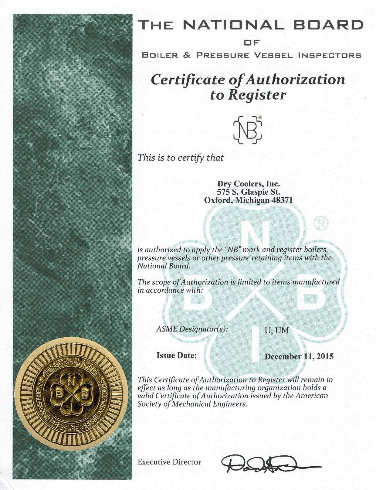 National Board Certificate of Authorization
